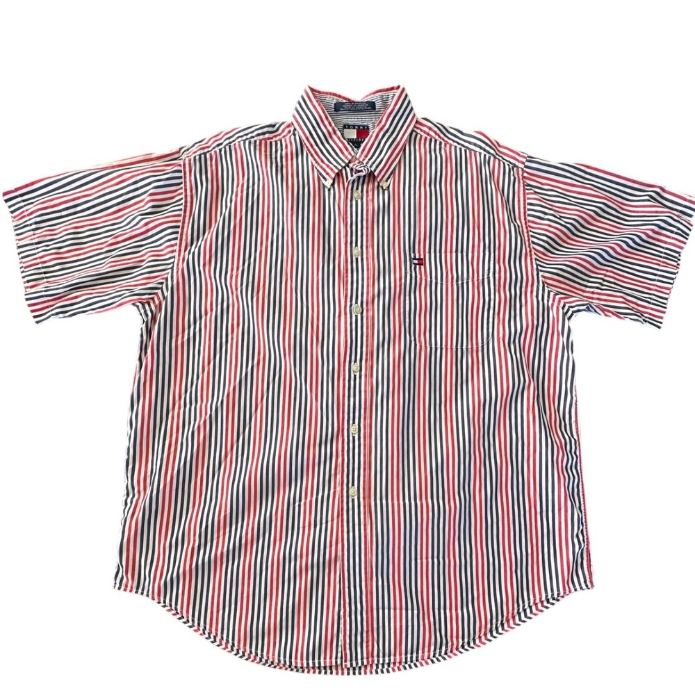VTG Tommy Hilfiger Mens Red White Blue Striped Short Sleeve Button Down Shirt L